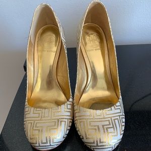 Tory Burch gold block heels